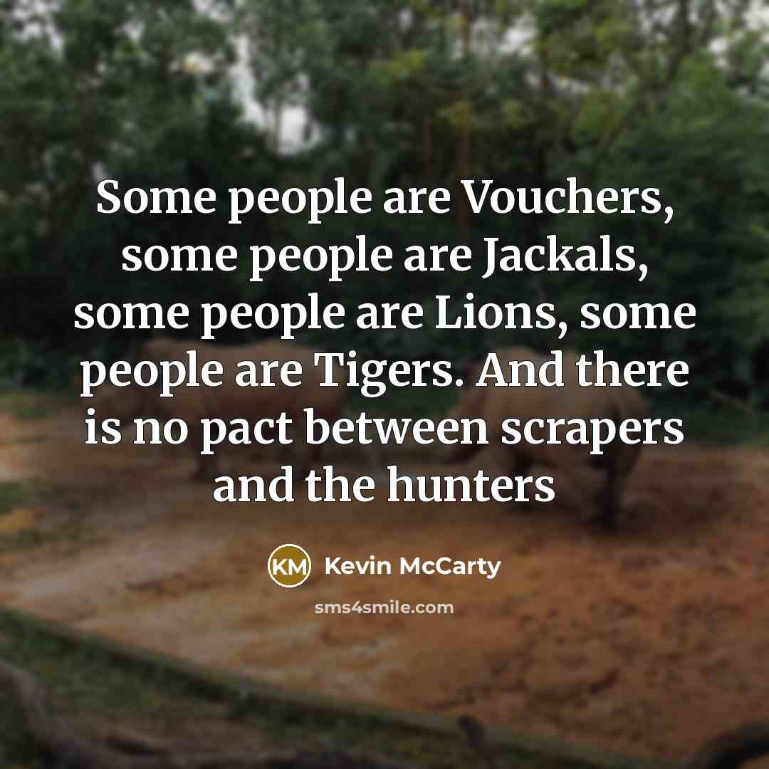 “Some people are Vouchers, some people are Jackals, some people are Lions, some people are Tigers. And there is no pact between scrapers and the hunters” quote by Kevin McCarty