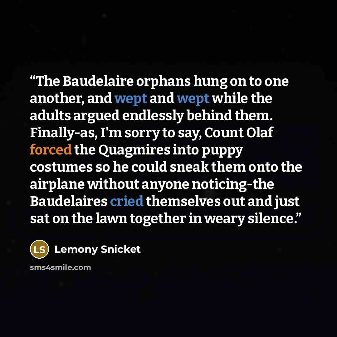 “The Baudelaire orphans hung on to one another, and wept and wept while the adults argued endlessly behind them. Finally-as, I'm sorry to say, Count Olaf forced the Quagmires into puppy costumes so he could sneak them onto the airplane without anyone noticing-the Baudelaires cried themselves out…” quote by Lemony Snicket