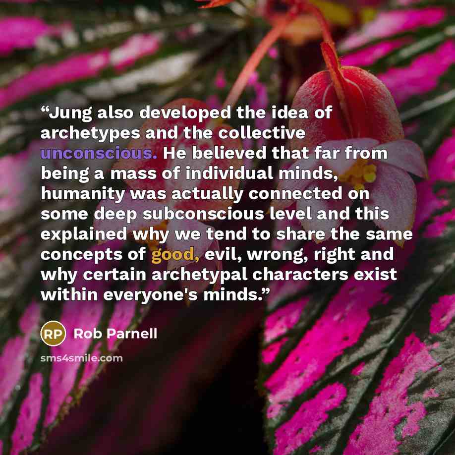 “Jung also developed the idea of archetypes and the collective unconscious. He believed that far from being a mass of individual minds, humanity was actually connected on some deep subconscious level and this explained why we tend to share the same concepts of good, evil, wrong, right and why…” quote by Rob Parnell