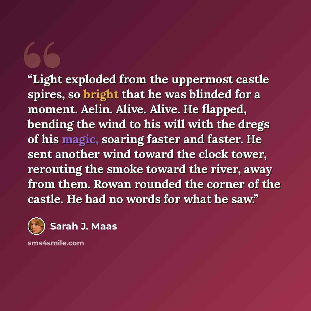 “Light exploded from the uppermost castle spires, so bright that he was blinded for a moment. Aelin. Alive. Alive. He flapped, bending the wind to his will with the dregs of his magic, soaring faster and faster. He sent another wind toward the clock tower, rerouting the smoke toward the river, away…” quote by Sarah J. Maas