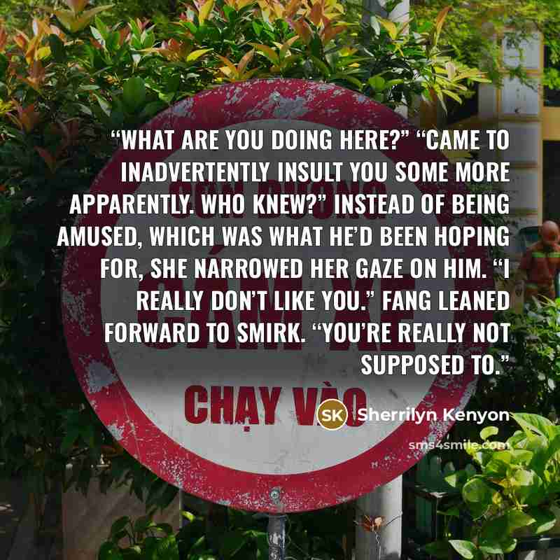 “What are you doing here?” “Came to inadvertently insult you some more apparently. Who knew?” Instead of being amused, which was what he’d been hoping for, she narrowed her gaze on him. “I really don’t like you.” Fang leaned forward to smirk. “You’re really not supposed to.” quote by Sherrilyn Kenyon