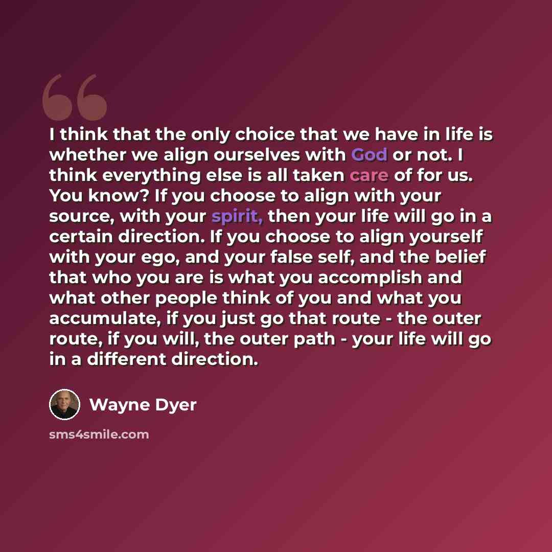 “I think that the only choice that we have in life is whether we align ourselves with God or not. I think everything else is all taken care of for us. You know? If you choose to align with your source, with your spirit, then your life will go in a certain direction. If you choose to align yourself…” quote by Wayne Dyer