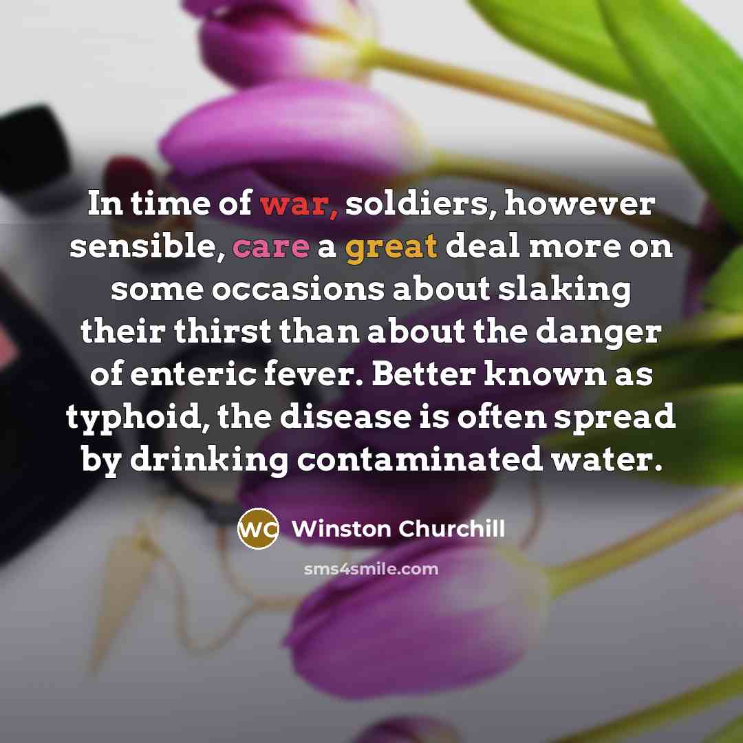 “In time of war, soldiers, however sensible, care a great deal more on some occasions about slaking their thirst than about the danger of enteric fever. Better known as typhoid, the disease is often spread by drinking contaminated water.” quote by Winston Churchill