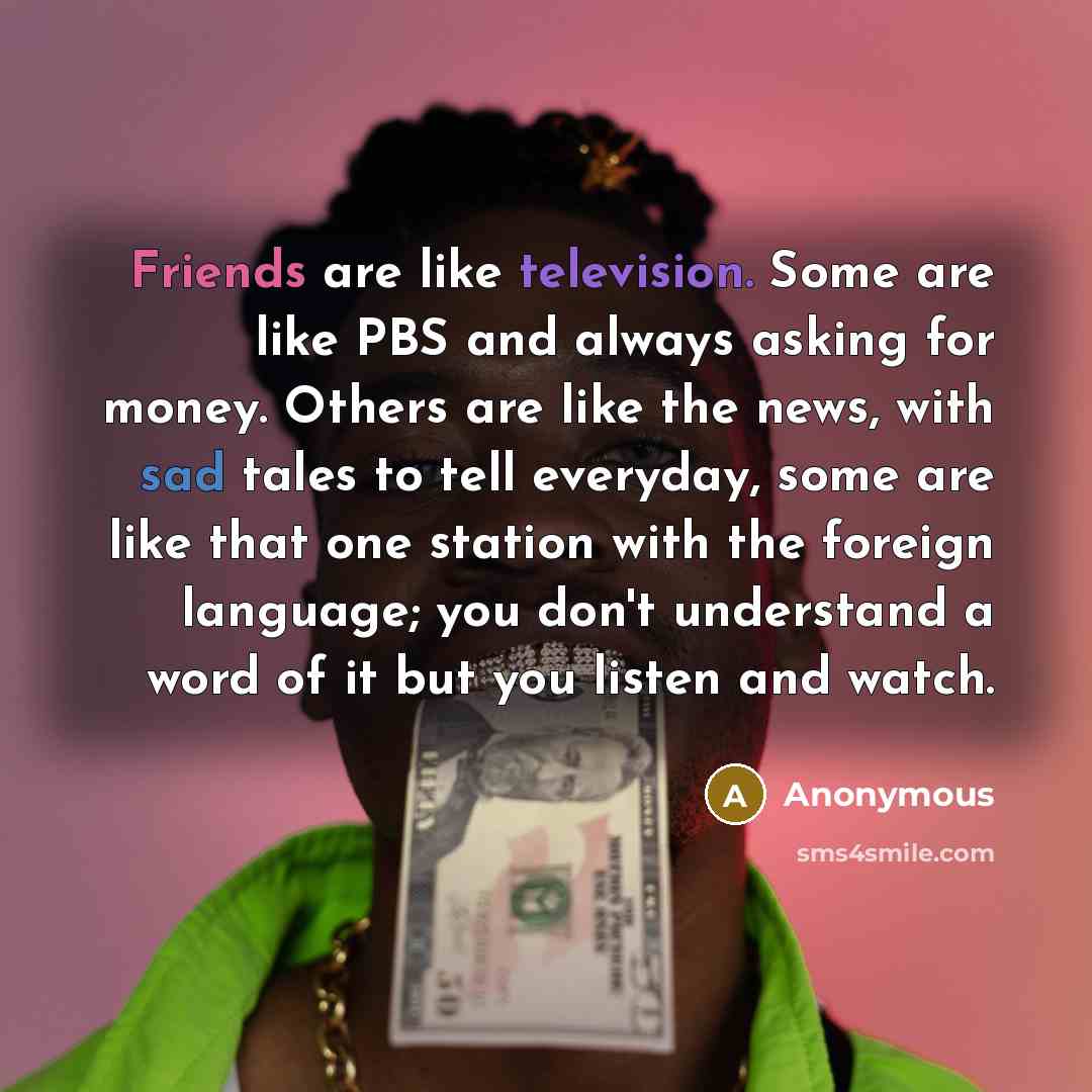 “Friends are like television. Some are like PBS and always asking for money. Others are like the news, with sad tales to tell everyday, some are like that one station with the foreign language; you don't understand a word of it but you listen and watch.” quote by Anonymous