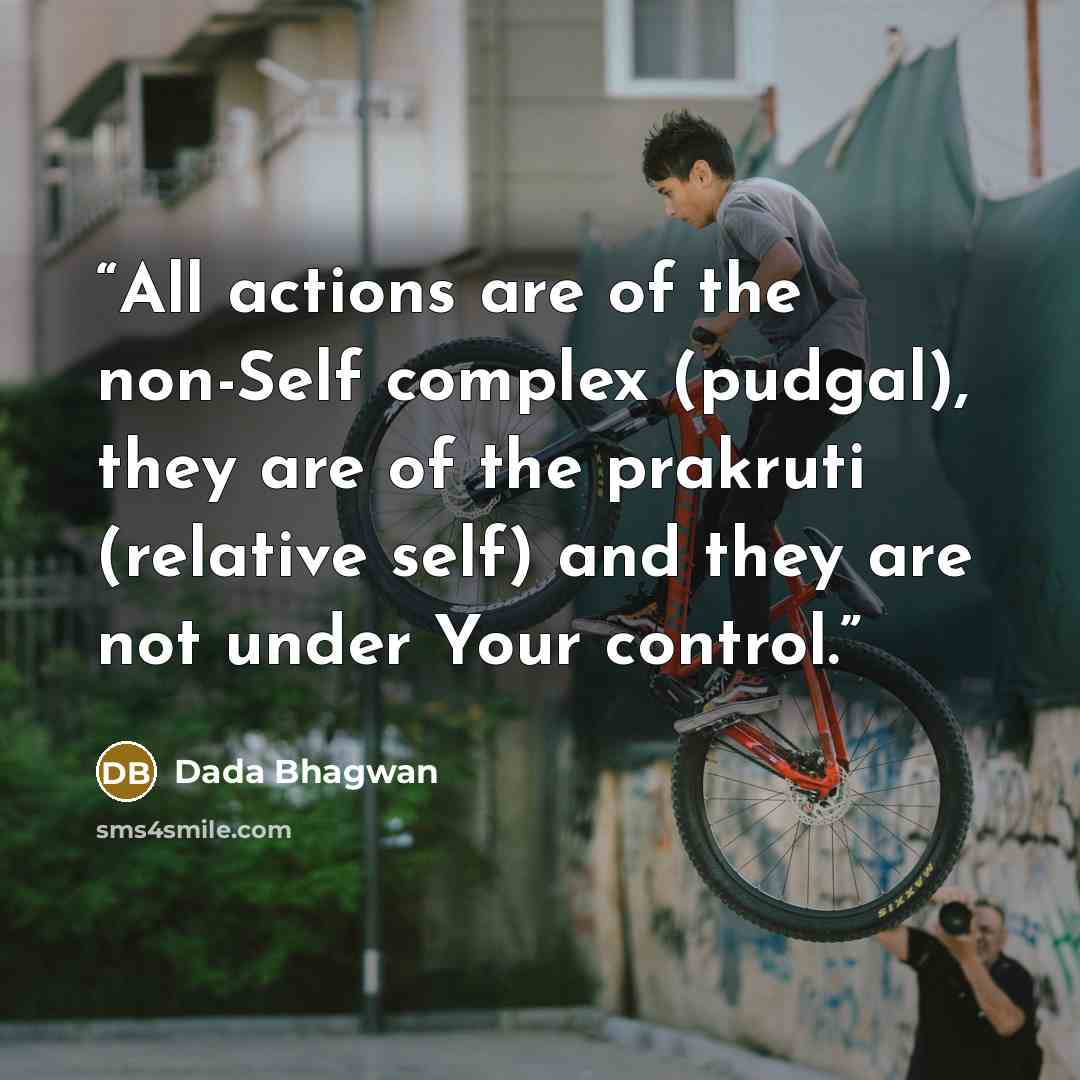 “All actions are of the non-Self complex (pudgal), they are of the prakruti (relative self) and they are not under Your control.” quote by Dada Bhagwan
