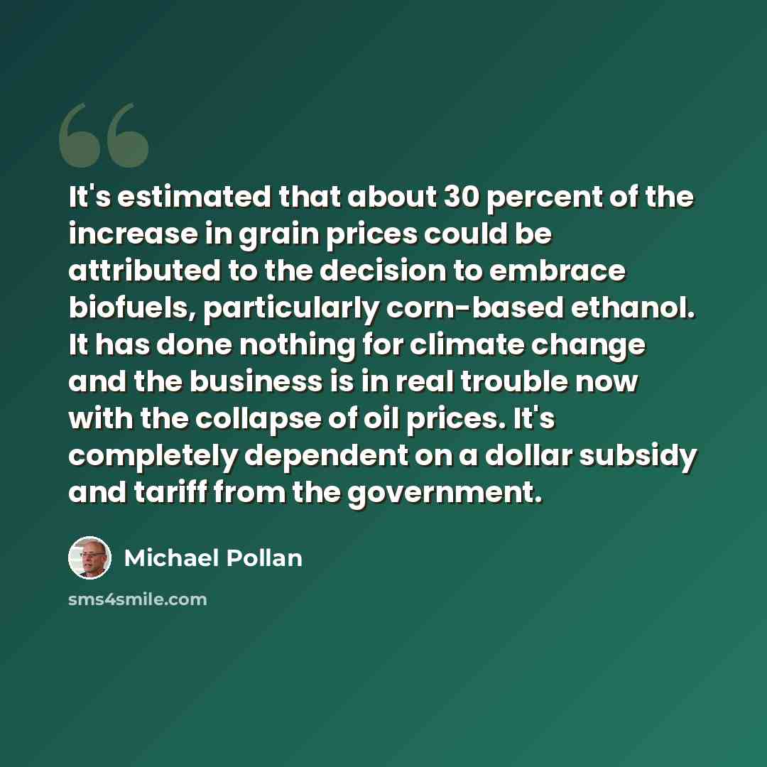 “It's estimated that about 30 percent of the increase in grain prices could be attributed to the decision to embrace biofuels, particularly corn-based ethanol. It has done nothing for climate change and the business is in real trouble now with the collapse of oil prices. It's completely dependent…” quote by Michael Pollan