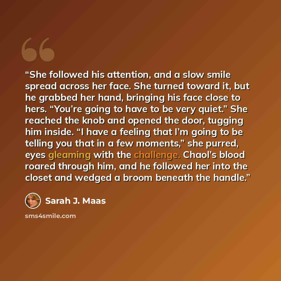 “She followed his attention, and a slow smile spread across her face. She turned toward it, but he grabbed her hand, bringing his face close to hers. “You’re going to have to be very quiet.” She reached the knob and opened the door, tugging him inside. “I have a feeling that I’m going to be telling…” quote by Sarah J. Maas