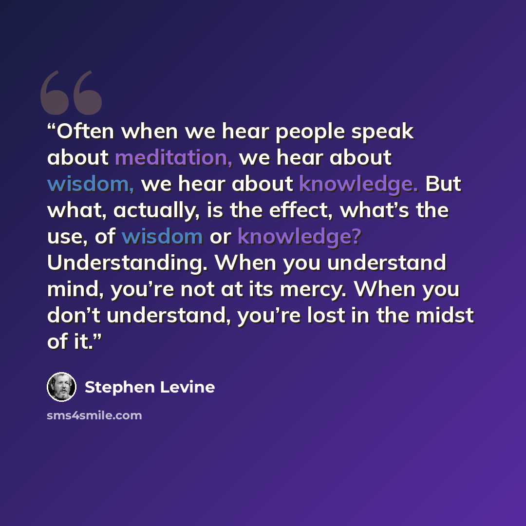 “Often when we hear people speak about meditation, we hear about wisdom, we hear about knowledge. But what, actually, is the effect, what’s the use, of wisdom or knowledge? Understanding. When you understand mind, you’re not at its mercy. When you don’t understand, you’re lost in the midst of it.” quote by Stephen Levine