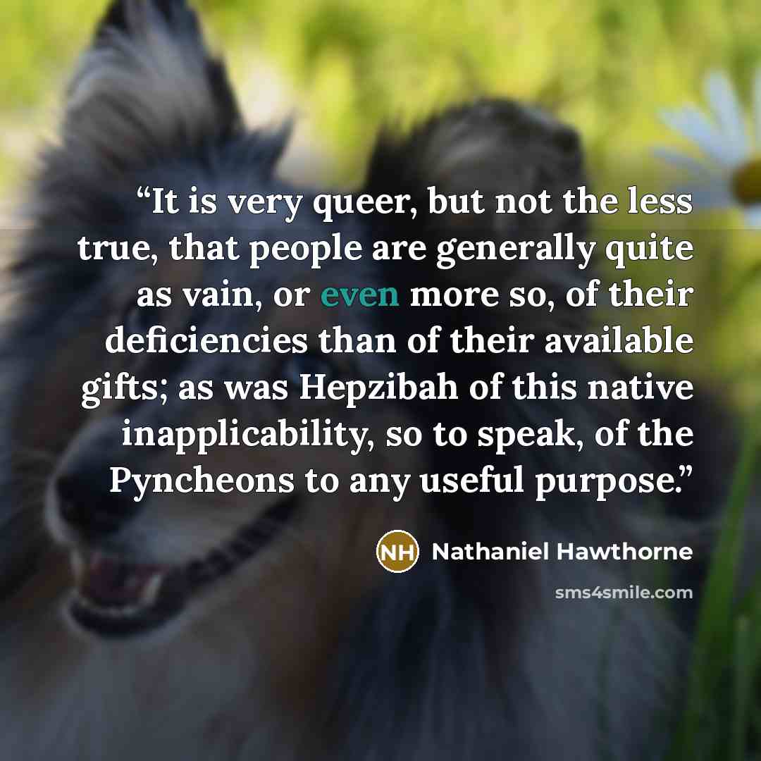 “It is very queer, but not the less true, that people are generally quite as vain, or even more so, of their deficiencies than of their available gifts; as was Hepzibah of this native inapplicability, so to speak, of the Pyncheons to any useful purpose.” quote by Nathaniel Hawthorne
