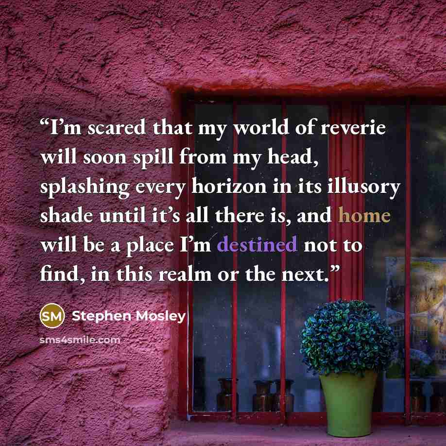 “I’m scared that my world of reverie will soon spill from my head, splashing every horizon in its illusory shade until it’s all there is, and home will be a place I’m destined not to find, in this realm or the next.” quote by Stephen Mosley