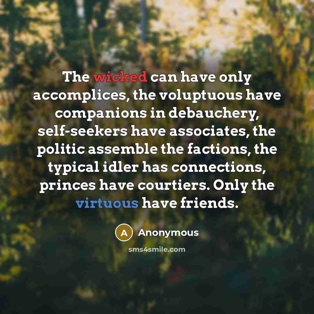 “The wicked can have only accomplices, the voluptuous have companions in debauchery, self-seekers have associates, the politic assemble the factions, the typical idler has connections, princes have courtiers. Only the virtuous have friends.” quote by Anonymous