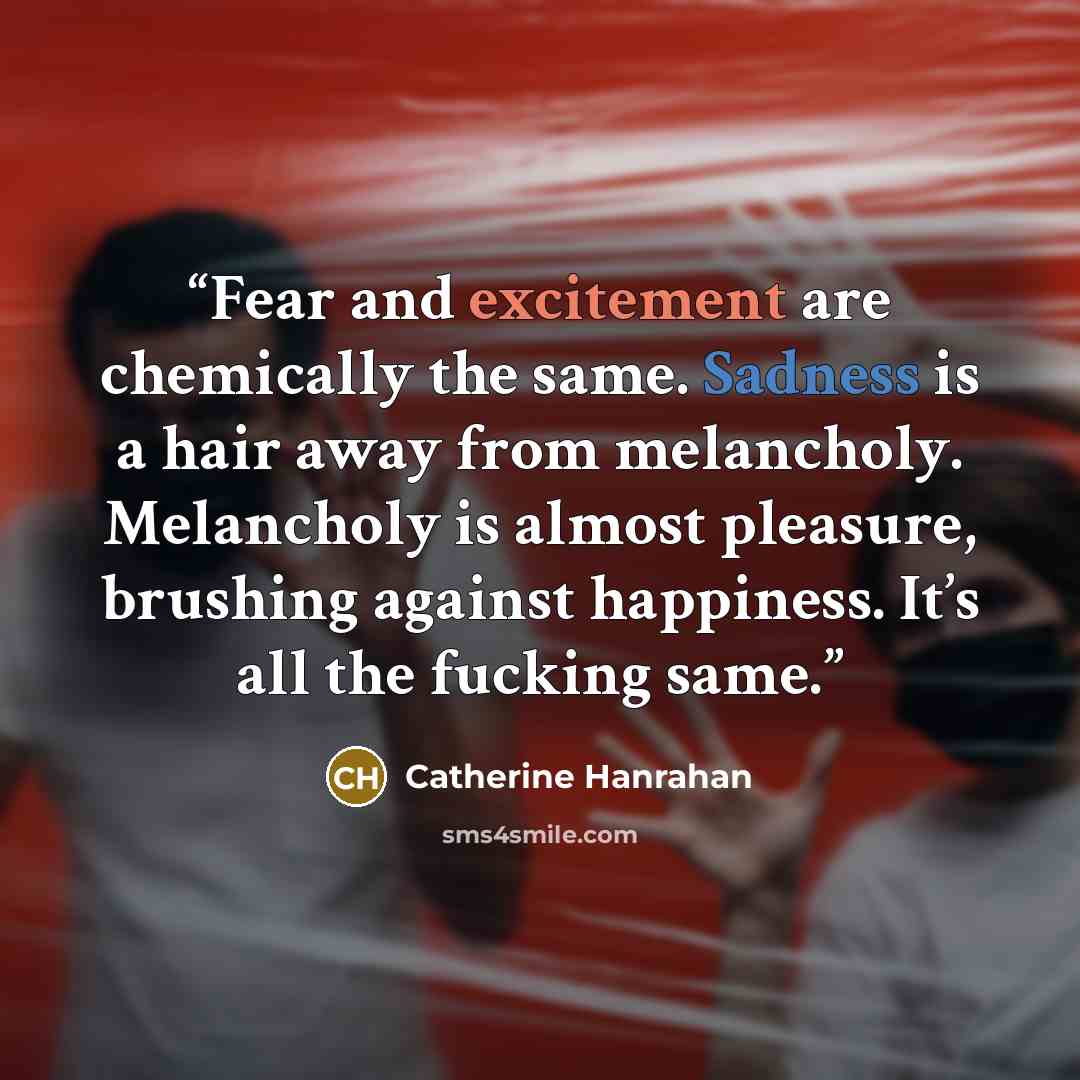 “Fear and excitement are chemically the same. Sadness is a hair away from melancholy. Melancholy is almost pleasure, brushing against happiness. It’s all the fucking same.” quote by Catherine Hanrahan