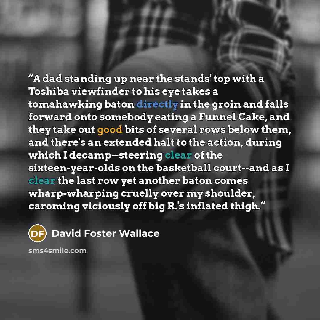 “A dad standing up near the stands' top with a Toshiba viewfinder to his eye takes a tomahawking baton directly in the groin and falls forward onto somebody eating a Funnel Cake, and they take out good bits of several rows below them, and there's an extended halt to the action, during which I…” quote by David Foster Wallace