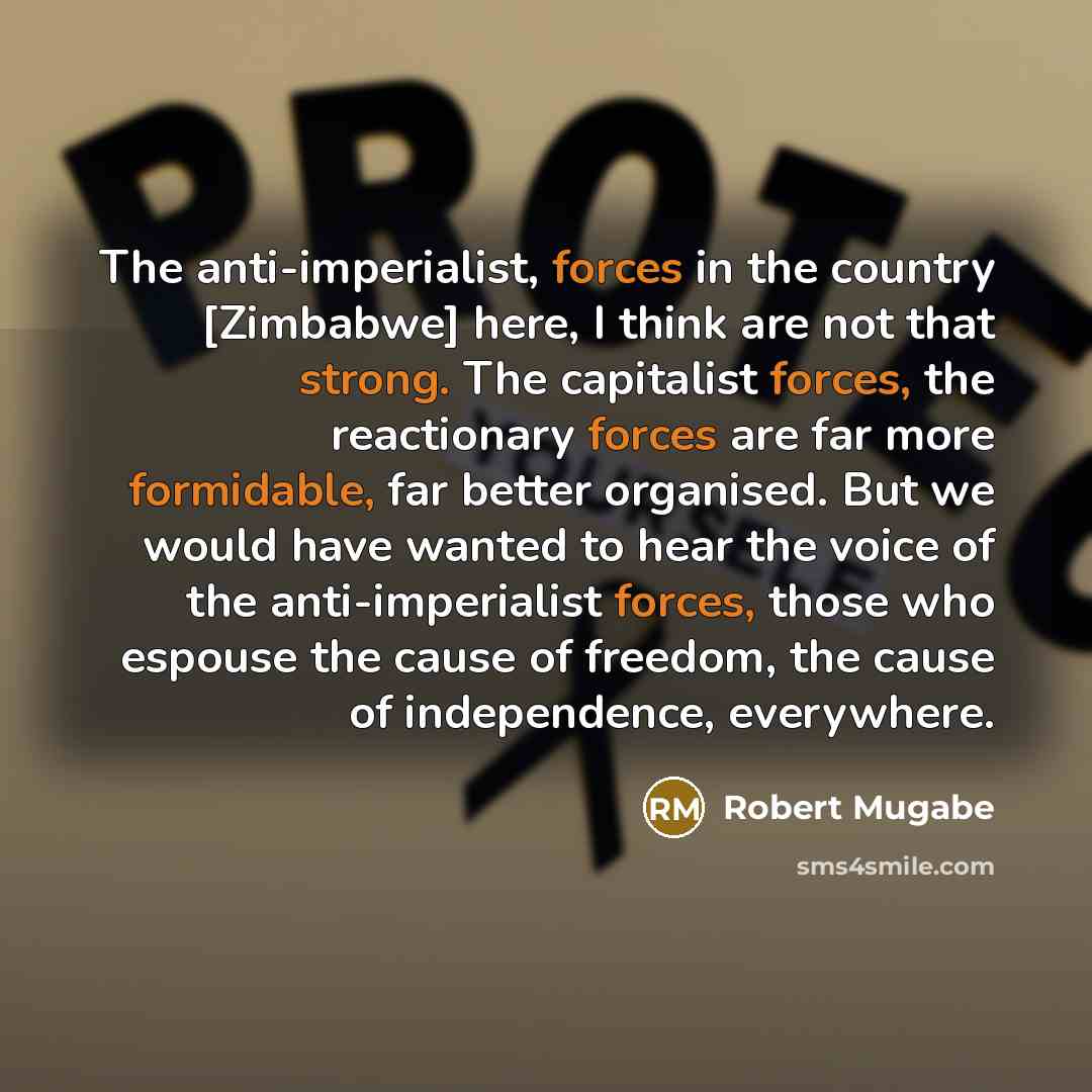 “The anti-imperialist, forces in the country [Zimbabwe] here, I think are not that strong. The capitalist forces, the reactionary forces are far more formidable, far better organised. But we would have wanted to hear the voice of the anti-imperialist forces, those who espouse the cause of freedom…” quote by Robert Mugabe