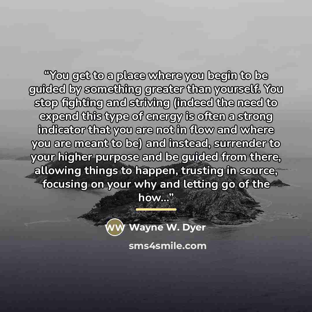 “You get to a place where you begin to be guided by something greater than yourself. You stop fighting and striving (indeed the need to expend this type of energy is often a strong indicator that you are not in flow and where you are meant to be) and instead, surrender to your higher purpose and be…” quote by Wayne W. Dyer