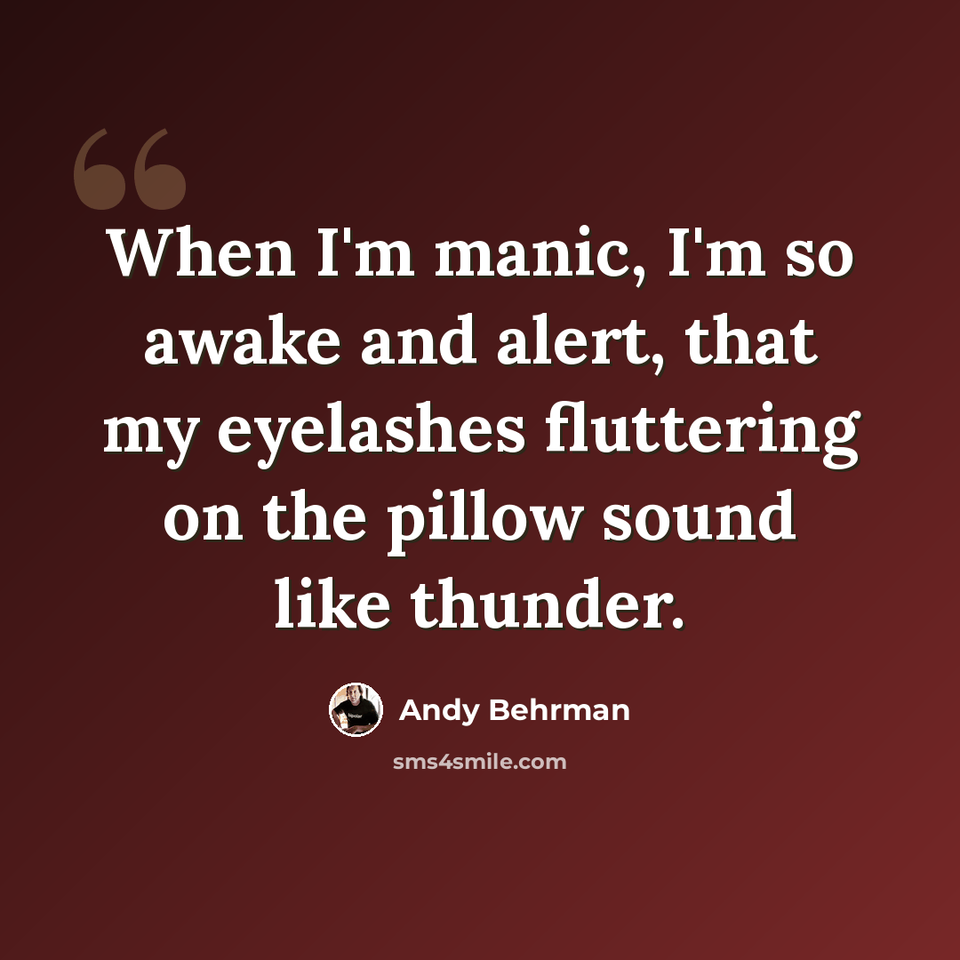 “When I'm manic, I'm so awake and alert, that my eyelashes fluttering on the pillow sound like thunder.” quote by Andy Behrman