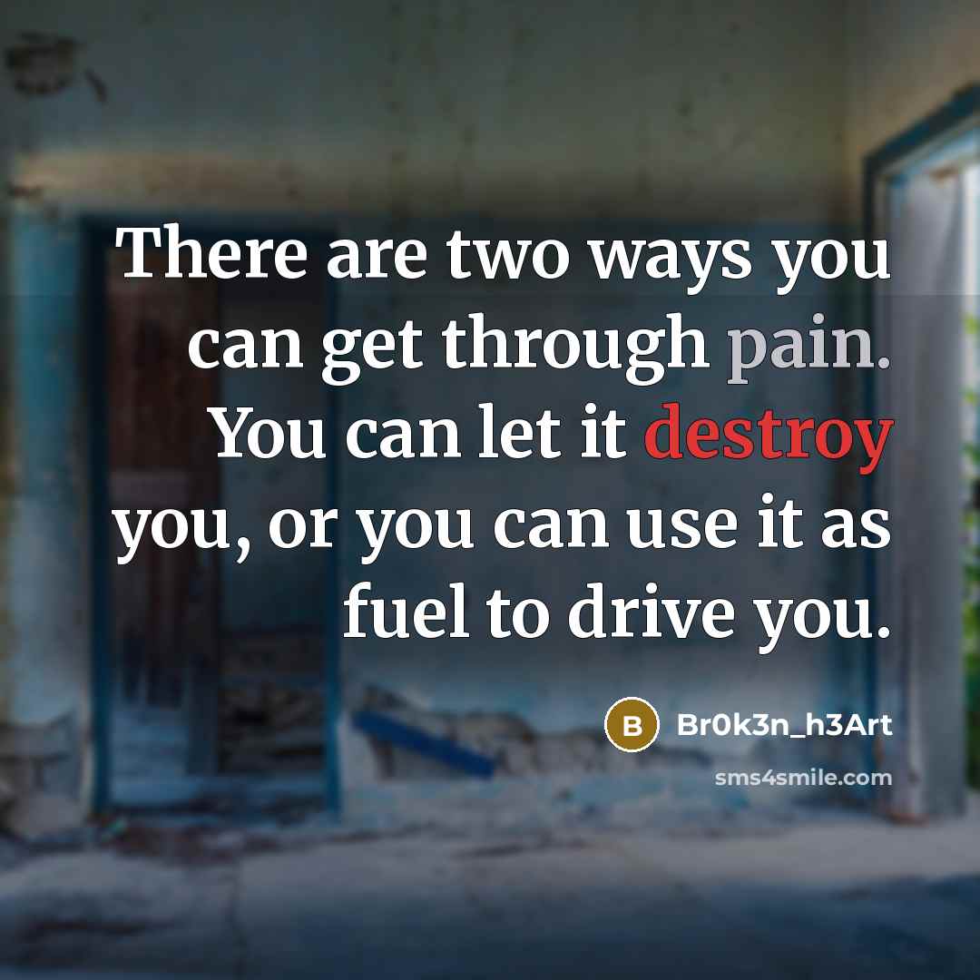 “There are two ways you can get through pain. You can let it destroy you, or you can use it as fuel to drive you.” quote by Br0k3n_h3Art