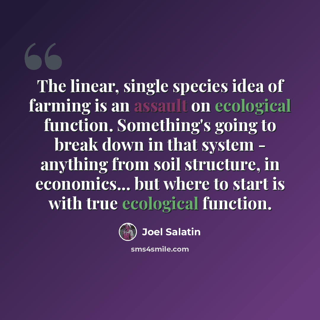 “The linear, single species idea of farming is an assault on ecological function. Something's going to break down in that system - anything from soil structure, in economics... but where to start is with true ecological function.” quote by Joel Salatin