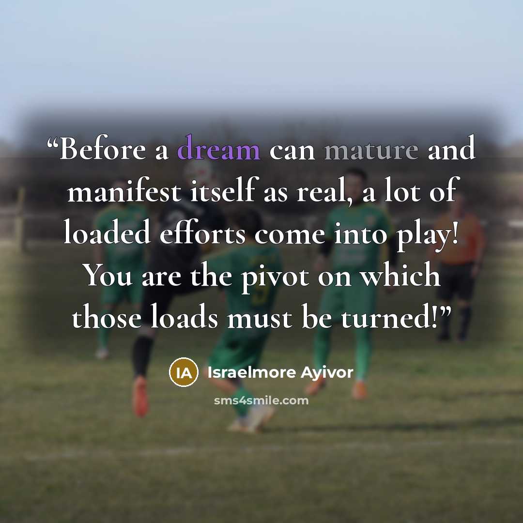 “Before a dream can mature and manifest itself as real, a lot of loaded efforts come into play! You are the pivot on which those loads must be turned!” quote by Israelmore Ayivor