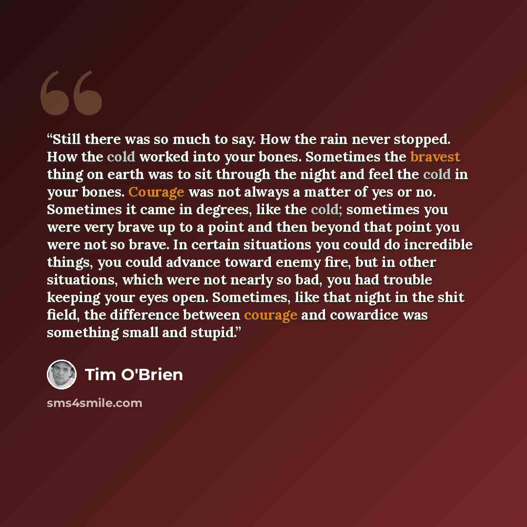 “Still there was so much to say. How the rain never stopped. How the cold worked into your bones. Sometimes the bravest thing on earth was to sit through the night and feel the cold in your bones. Courage was not always a matter of yes or no. Sometimes it came in degrees, like the cold; sometimes…” quote by Tim O'Brien