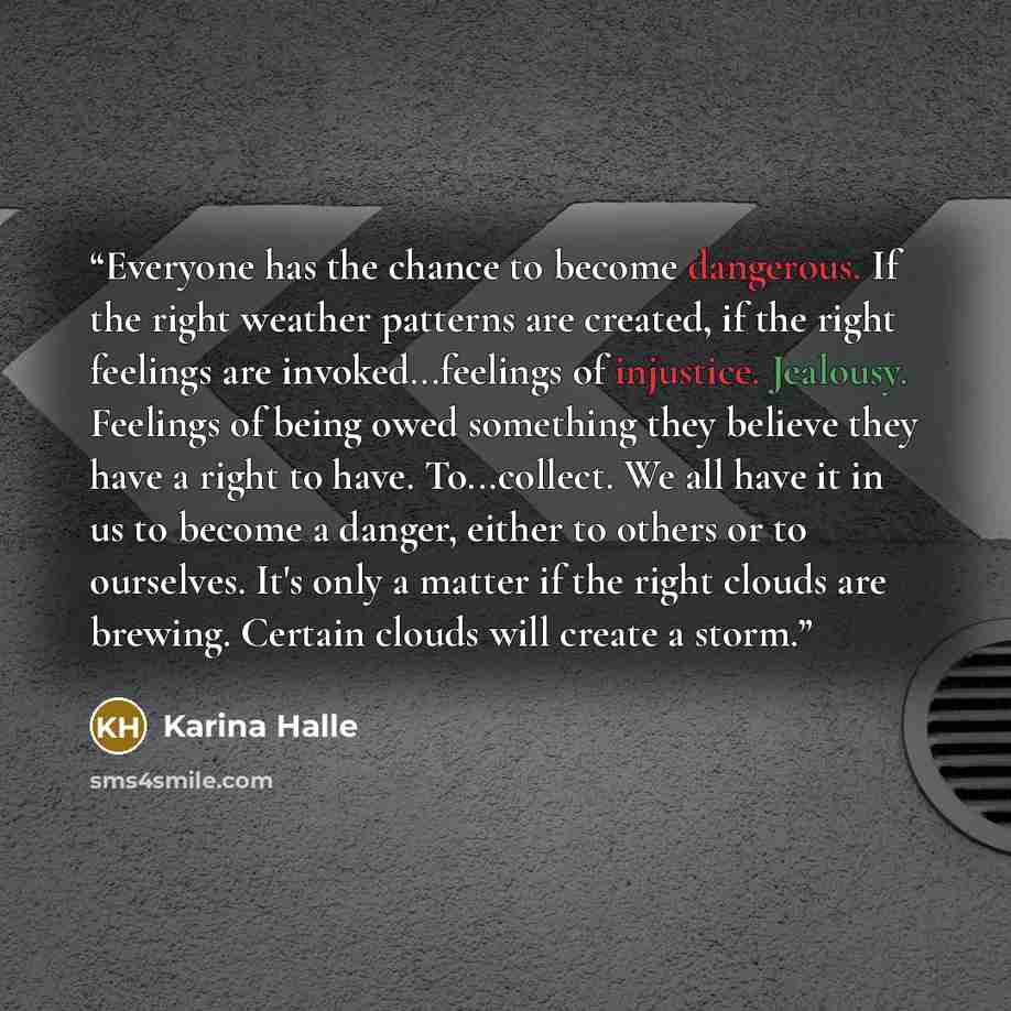“Everyone has the chance to become dangerous. If the right weather patterns are created, if the right feelings are invoked...feelings of injustice. Jealousy. Feelings of being owed something they believe they have a right to have. To...collect. We all have it in us to become a danger, either to…” quote by Karina Halle