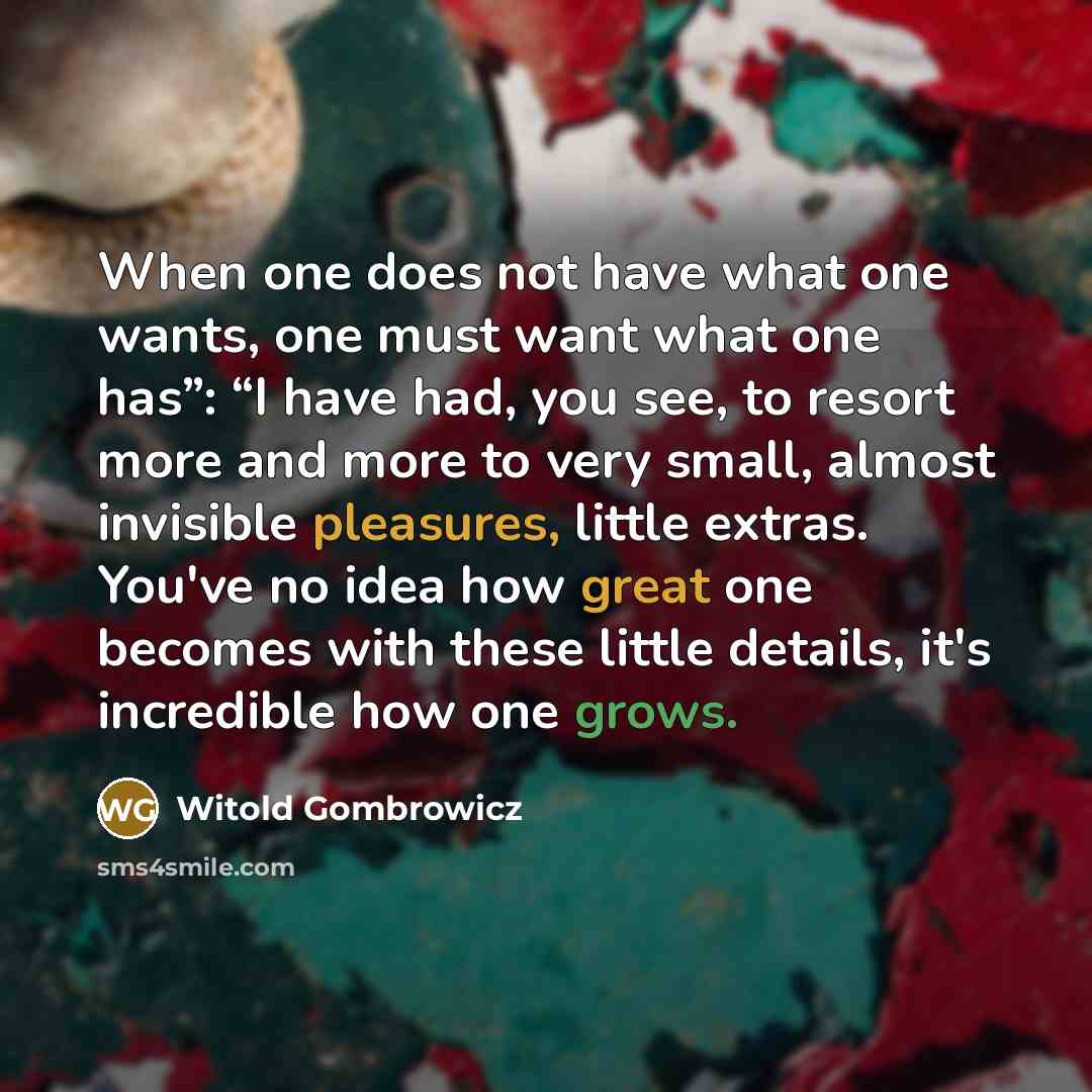 “When one does not have what one wants, one must want what one has”: “I have had, you see, to resort more and more to very small, almost invisible pleasures, little extras. You've no idea how great one becomes with these little details, it's incredible how one grows.” quote by Witold Gombrowicz
