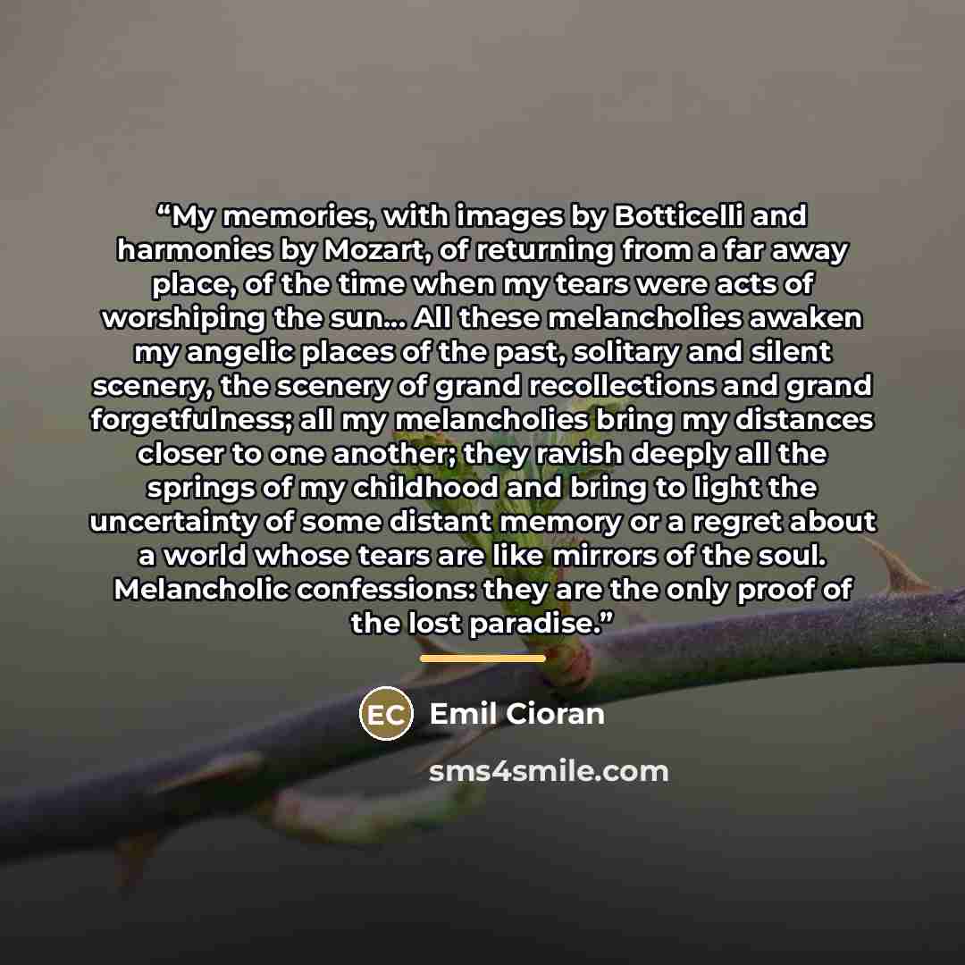 “My memories, with images by Botticelli and harmonies by Mozart, of returning from a far away place, of the time when my tears were acts of worshiping the sun… All these melancholies awaken my angelic places of the past, solitary and silent scenery, the scenery of grand recollections and grand…” quote by Emil Cioran