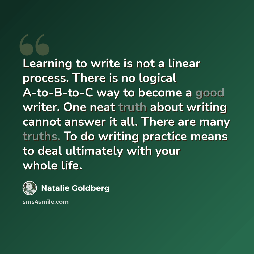 “Learning to write is not a linear process. There is no logical A-to-B-to-C way to become a good writer. One neat truth about writing cannot answer it all. There are many truths. To do writing practice means to deal ultimately with your whole life.” quote by Natalie Goldberg