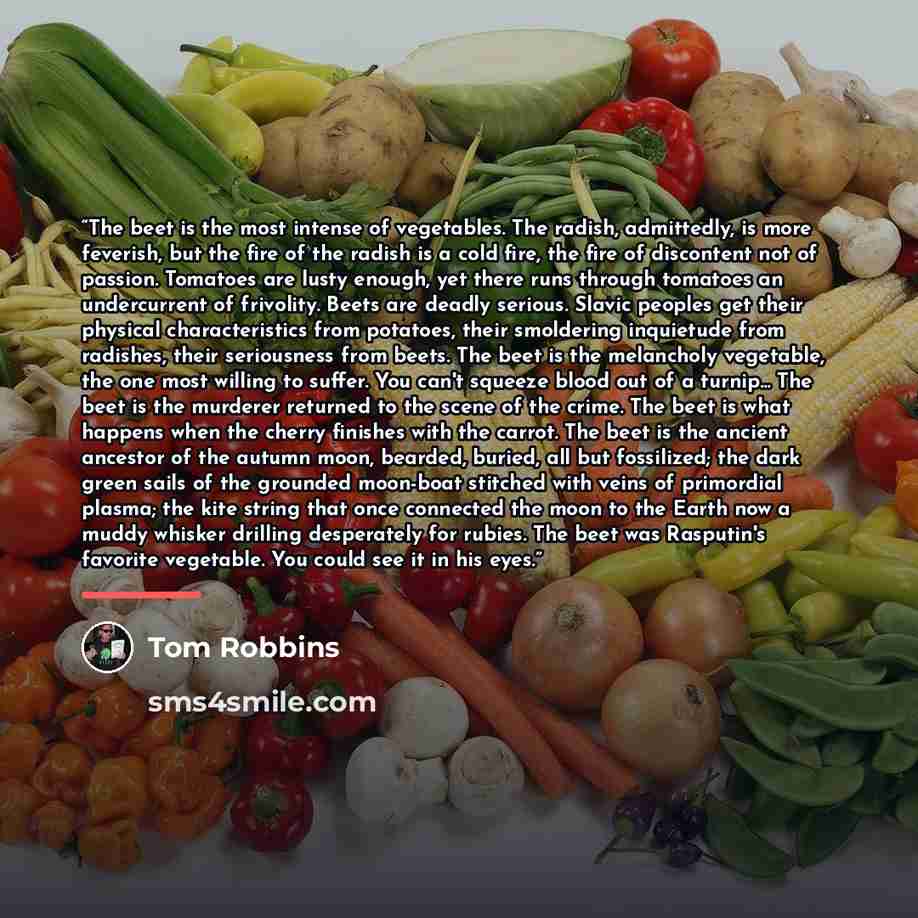 “The beet is the most intense of vegetables. The radish, admittedly, is more feverish, but the fire of the radish is a cold fire, the fire of discontent not of passion. Tomatoes are lusty enough, yet there runs through tomatoes an undercurrent of frivolity. Beets are deadly serious. Slavic peoples…” quote by Tom Robbins