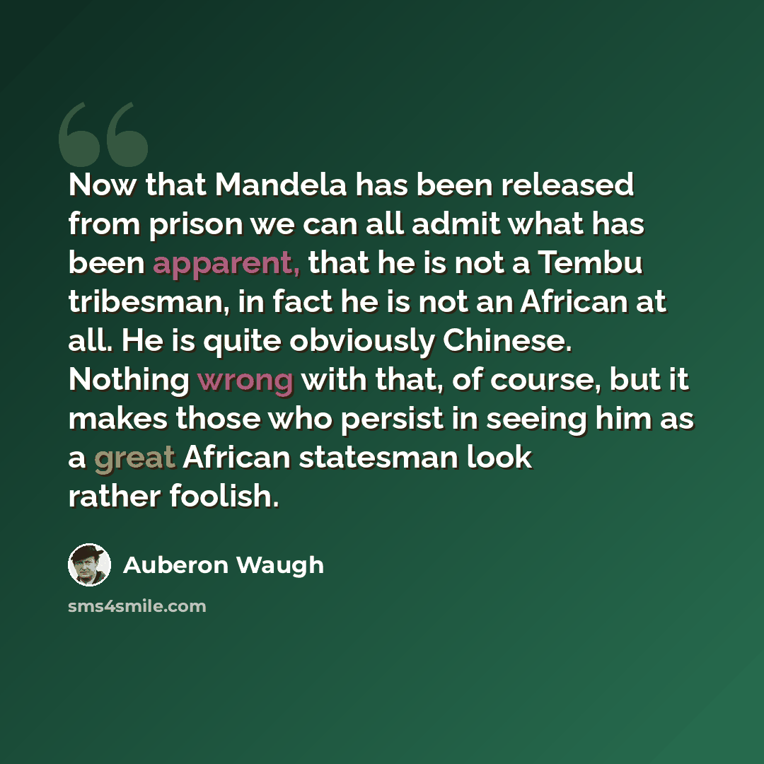 “Now that Mandela has been released from prison we can all admit what has been apparent, that he is not a Tembu tribesman, in fact he is not an African at all. He is quite obviously Chinese. Nothing wrong with that, of course, but it makes those who persist in seeing him as a great African…” quote by Auberon Waugh