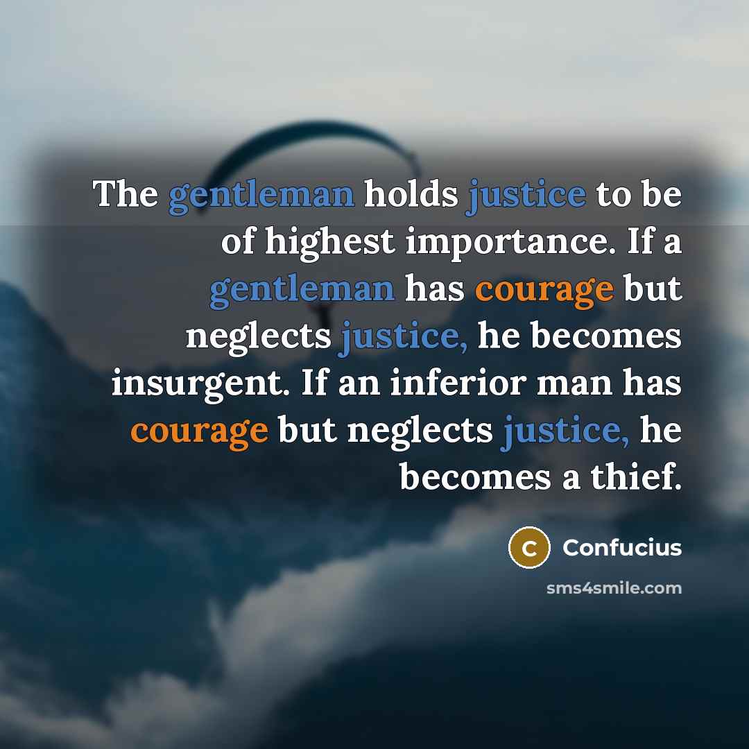 “The gentleman holds justice to be of highest importance. If a gentleman has courage but neglects justice, he becomes insurgent. If an inferior man has courage but neglects justice, he becomes a thief.” quote by Confucius