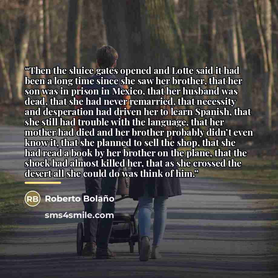 “Then the sluice gates opened and Lotte said it had been a long time since she saw her brother, that her son was in prison in Mexico, that her husband was dead, that she had never remarried, that necessity and desperation had driven her to learn Spanish, that she still had trouble with the…” quote by Roberto Bolaño