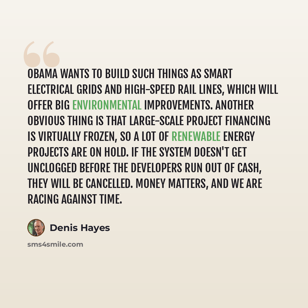 “Obama wants to build such things as smart electrical grids and high-speed rail lines, which will offer big environmental improvements. Another obvious thing is that large-scale project financing is virtually frozen, so a lot of renewable energy projects are on hold. If the system doesn't get…” quote by Denis Hayes
