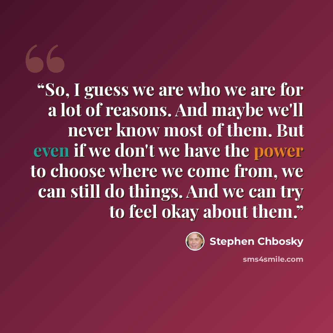 “So, I guess we are who we are for a lot of reasons. And maybe we'll never know most of them. But even if we don't we have the power to choose where we come from, we can still do things. And we can try to feel okay about them.” quote by Stephen Chbosky