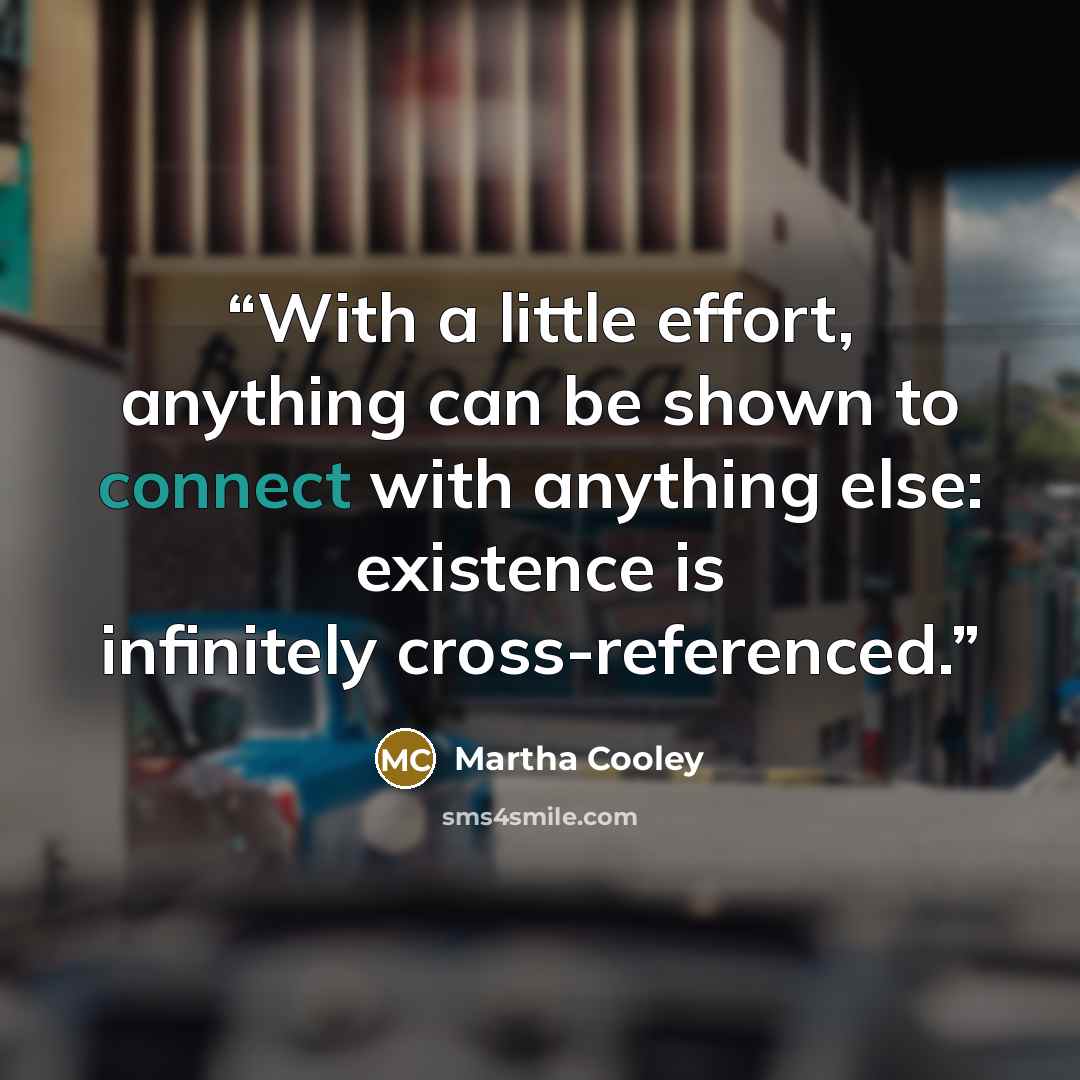 “With a little effort, anything can be shown to connect with anything else: existence is infinitely cross-referenced.” quote by Martha Cooley