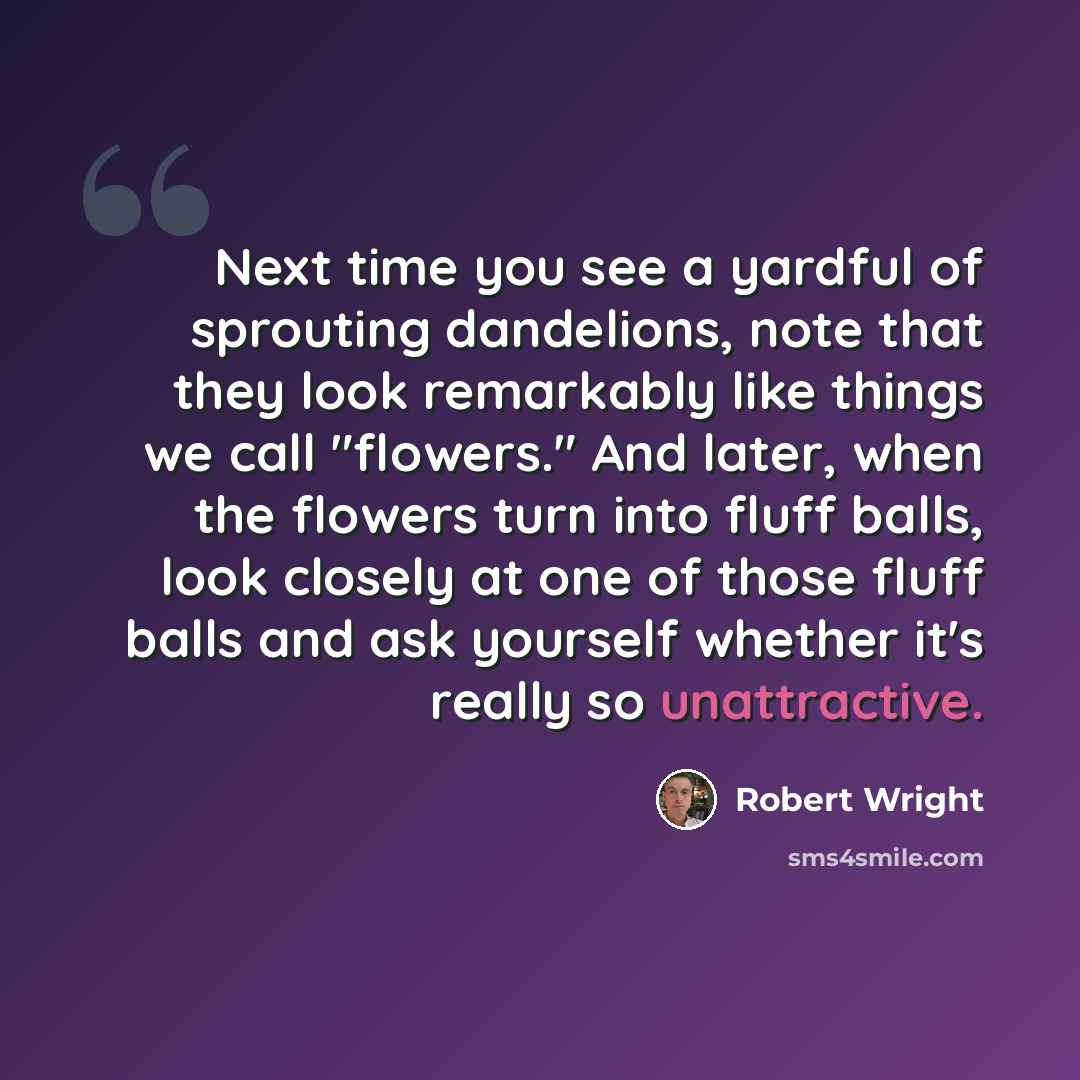 “Next time you see a yardful of sprouting dandelions, note that they look remarkably like things we call "flowers." And later, when the flowers turn into fluff balls, look closely at one of those fluff balls and ask yourself whether it's really so unattractive.” quote by Robert Wright