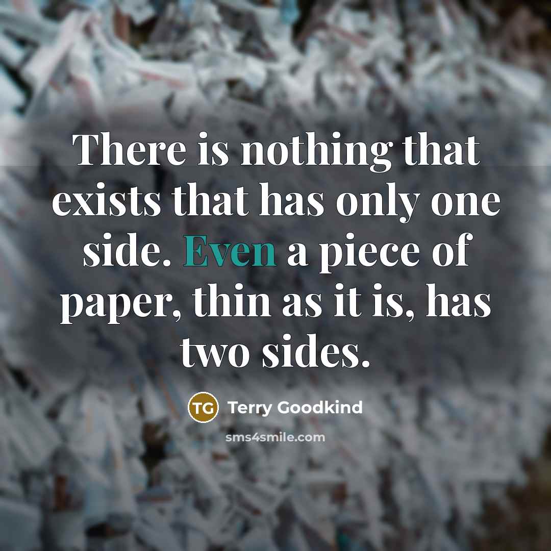 “There is nothing that exists that has only one side. Even a piece of paper, thin as it is, has two sides.” quote by Terry Goodkind