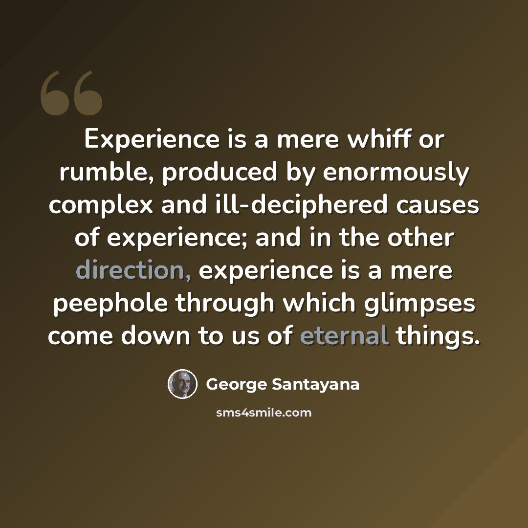 “Experience is a mere whiff or rumble, produced by enormously complex and ill-deciphered causes of experience; and in the other direction, experience is a mere peephole through which glimpses come down to us of eternal things.” quote by George Santayana