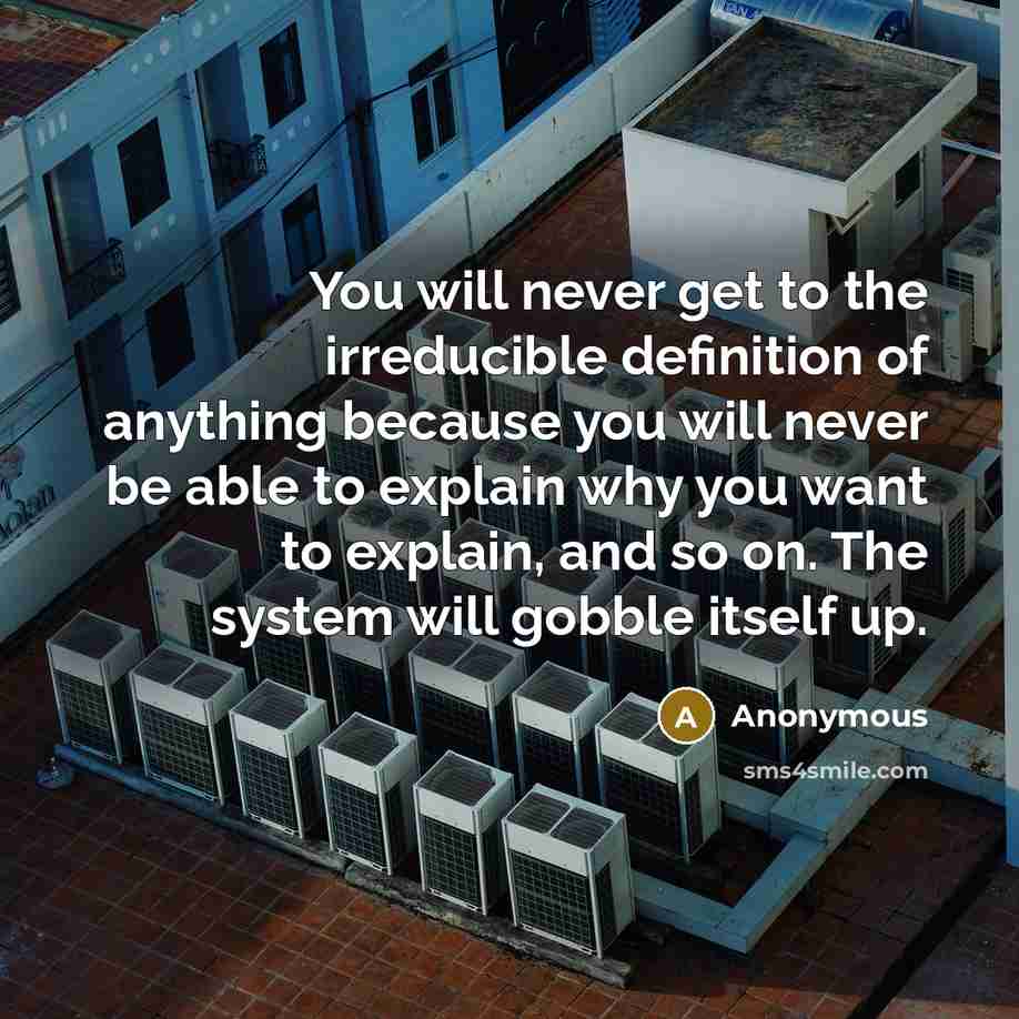 “You will never get to the irreducible definition of anything because you will never be able to explain why you want to explain, and so on. The system will gobble itself up.” quote by Anonymous