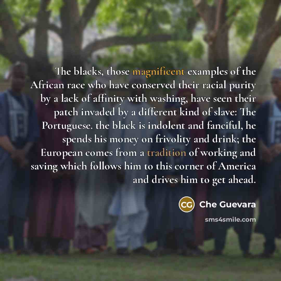 “The blacks, those magnificent examples of the African race who have conserved their racial purity by a lack of affinity with washing, have seen their patch invaded by a different kind of slave: The Portuguese. the black is indolent and fanciful, he spends his money on frivolity and drink; the…” quote by Che Guevara