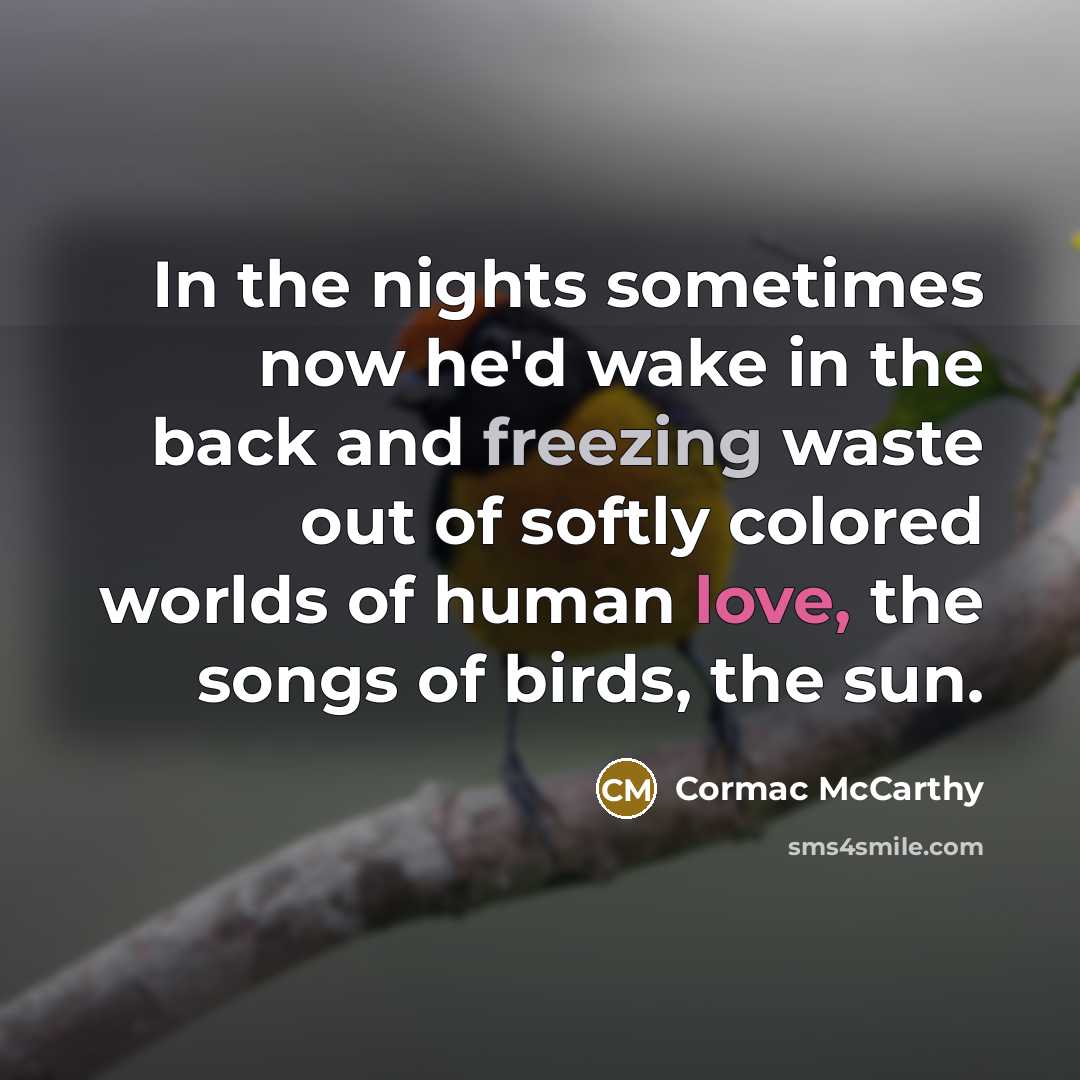 “In the nights sometimes now he'd wake in the back and freezing waste out of softly colored worlds of human love, the songs of birds, the sun.” quote by Cormac McCarthy