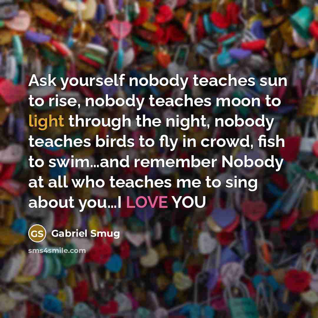 “Ask yourself nobody teaches sun to rise, nobody teaches moon to light through the night, nobody teaches birds to fly in crowd, fish to swim…and remember Nobody at all who teaches me to sing about you…I LOVE YOU” quote by Gabriel Smug