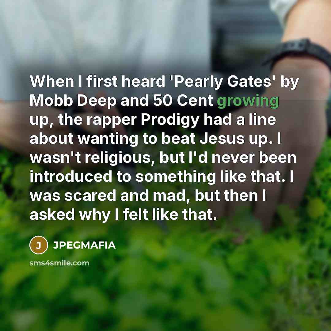 “When I first heard 'Pearly Gates' by Mobb Deep and 50 Cent growing up, the rapper Prodigy had a line about wanting to beat Jesus up. I wasn't religious, but I'd never been introduced to something like that. I was scared and mad, but then I asked why I felt like that.” quote by JPEGMAFIA