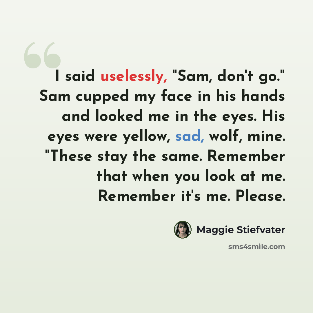 “I said uselessly, "Sam, don't go." Sam cupped my face in his hands and looked me in the eyes. His eyes were yellow, sad, wolf, mine. "These stay the same. Remember that when you look at me. Remember it's me. Please.” quote by Maggie Stiefvater
