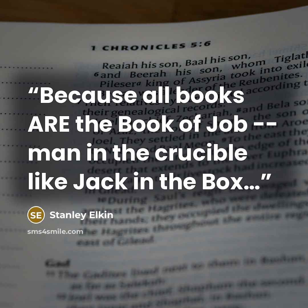 “Because all books ARE the Book of Job -- man in the crucible like Jack in the Box…” quote by Stanley Elkin