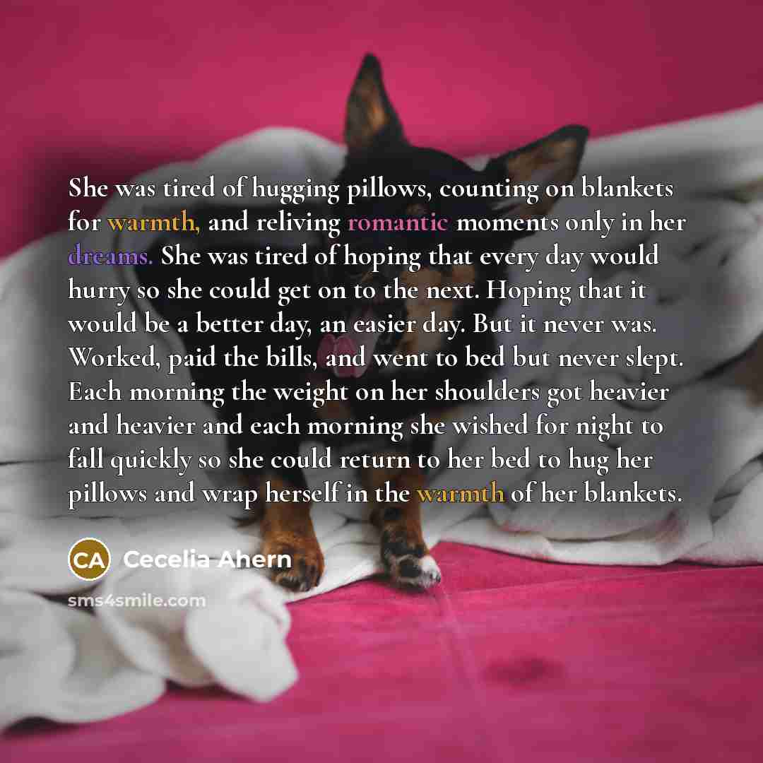 “She was tired of hugging pillows, counting on blankets for warmth, and reliving romantic moments only in her dreams. She was tired of hoping that every day would hurry so she could get on to the next. Hoping that it would be a better day, an easier day. But it never was. Worked, paid the bills…” quote by Cecelia Ahern