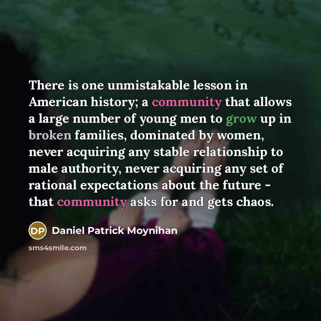 “There is one unmistakable lesson in American history; a community that allows a large number of young men to grow up in broken families, dominated by women, never acquiring any stable relationship to male authority, never acquiring any set of rational expectations about the future - that community…” quote by Daniel Patrick Moynihan