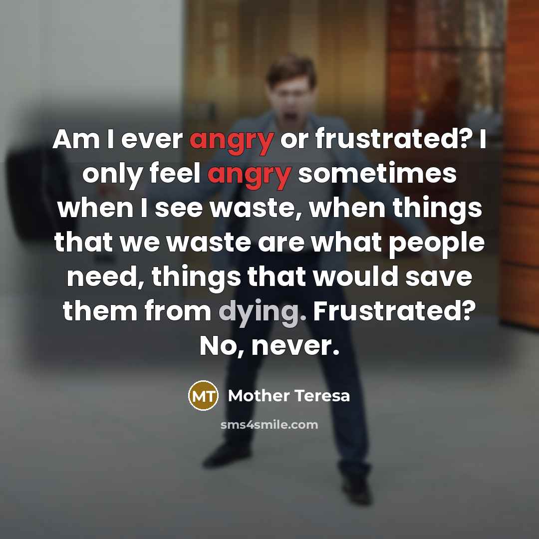 “Am I ever angry or frustrated? I only feel angry sometimes when I see waste, when things that we waste are what people need, things that would save them from dying. Frustrated? No, never.” quote by Mother Teresa