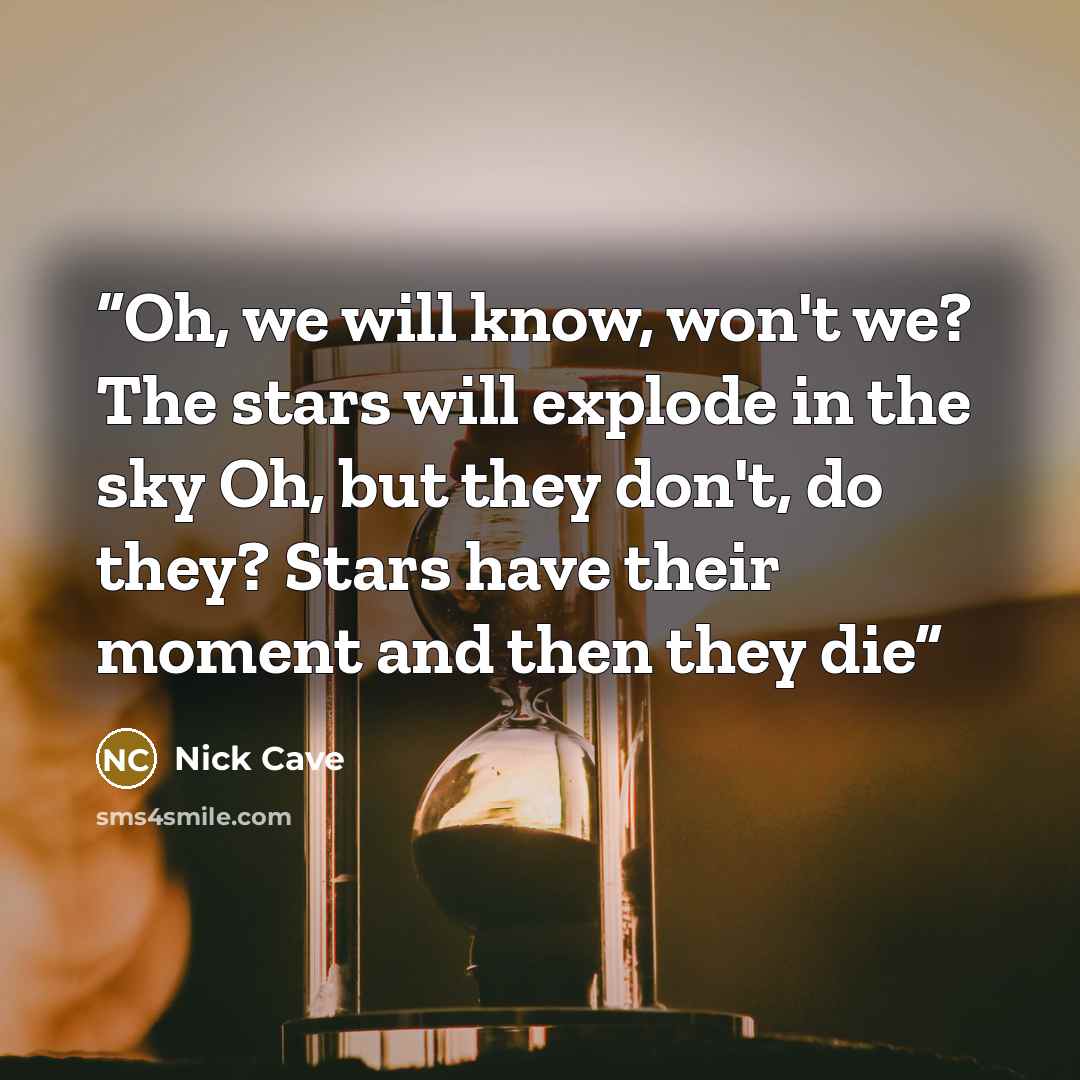 “Oh, we will know, won't we? The stars will explode in the sky Oh, but they don't, do they? Stars have their moment and then they die” quote by Nick Cave