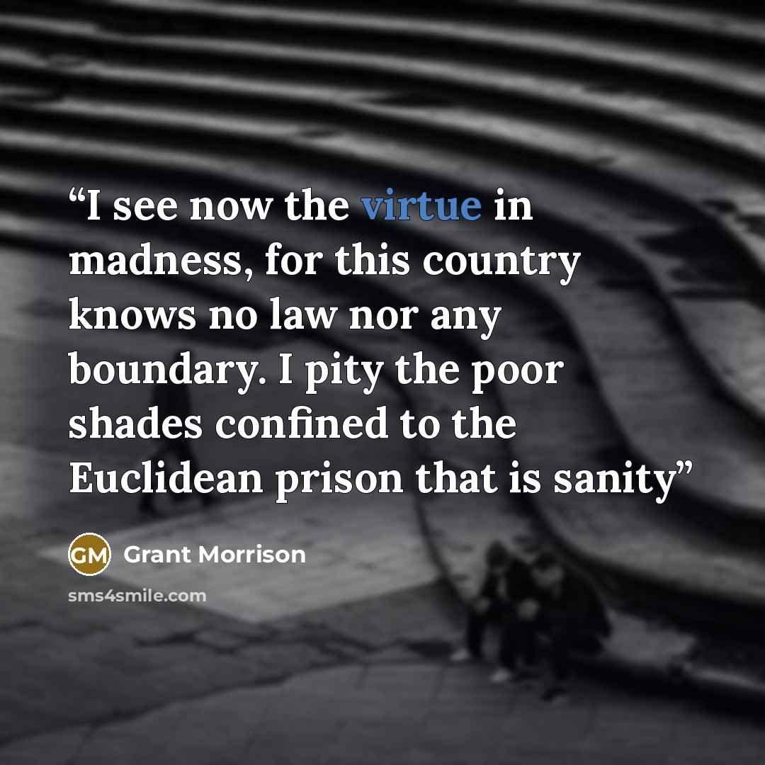 “I see now the virtue in madness, for this country knows no law nor any boundary. I pity the poor shades confined to the Euclidean prison that is sanity” quote by Grant Morrison